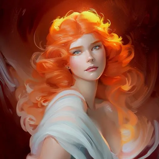 Prompt: portrait of goddess with rosey cheeks, flowing wavy pale red hair and orange eyes, wearing a black chiffon gown, casting magic Krenz Cushart + loish +gaston bussiere +craig mullins, j. c. leyendecker +Artgerm, oil painting texture.