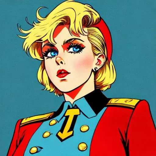 Prompt: ilustration like 1980s punk poster

a full body shot, a whole body picture, a blonde curvy girl looks like a working class hero 

accurate proportions, lovely square face, big light blue eyes, narrow nose, narrow red lips, Russian, busty, saggy, big areolas, Soviet uniform

She is wearing German, black SS uniform

She is holding pistol

Pastel colours, centered, approaching perfection, dynamic, highly detailed, watercolour painting, artstation, concept art, smooth, sharp focus, illustration, art by Julie Bell and Boris Vellejo and Luis Rojo