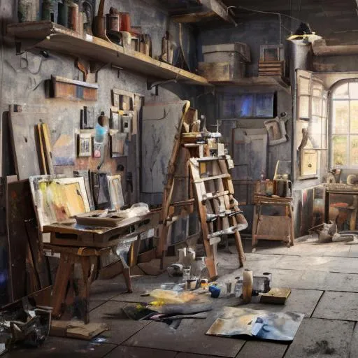 Prompt: A painting of a painter's workshop with paints and brushes laying all around