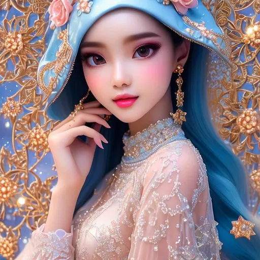 Prompt: Beautiful and sweet girl, highly detailed perfect face, beautiful kpop idol, full body, long legs, perfect body, perfect face high resolution, perfect proportions, hair intricately hyperdetailed, no makeup, wears a blue hijab, peach lipstick, background mosque, high detail, shining eyes intricate hyperdetail, subtle, elegant, HDR, UHD, high resolution, 64k, cinematic lighting, special effects