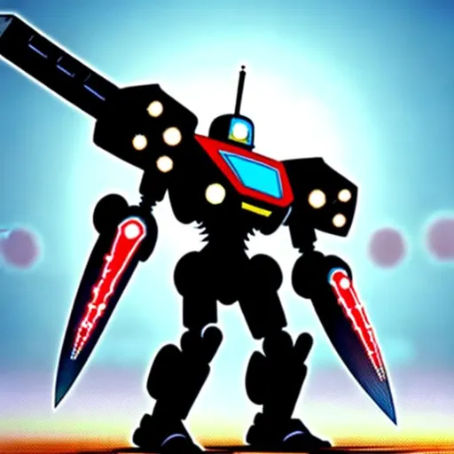 Prompt: A robot made out of diamond has rocket arms that have nuclear bombs and has a long, sharp, cool sword, and also has rocket on it and has a fancy wings on it.