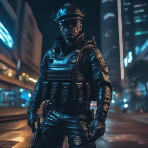 Prompt: A close up of a ultra realistic menacing psychedelic cyberpunk scaring cop at night in a futuristic São Paulo, complex realistic build, beaten, dated, tired leather uniform, big black iron boots, big weapon. realistic photography