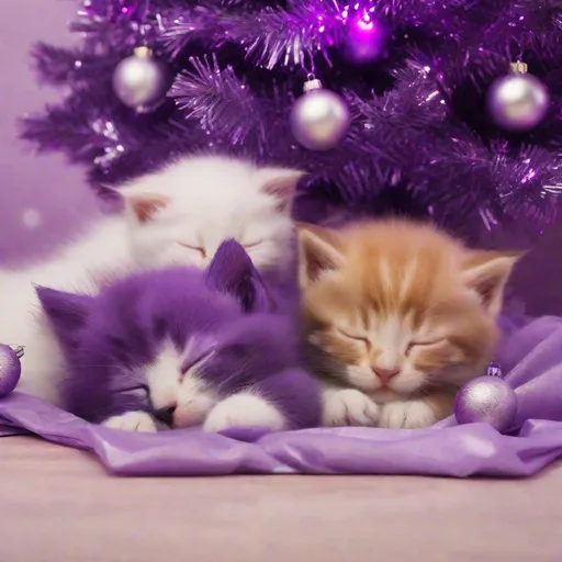 Prompt: kittens sleeping under a purple christmas tree