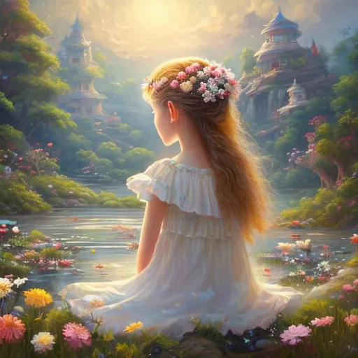 Prompt: Oil Painting of a girl with a white dress and flowers in her head on a flower field, looking right, white skin, next to a river, sitting, taken from her back, sitting on a rock, old art, art 