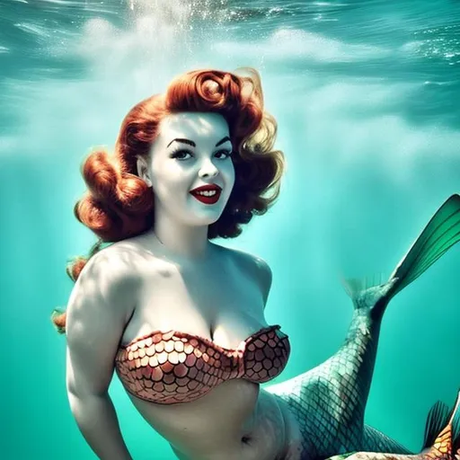 Prompt: 1950's pin up plus size mermaid underwater in a natural spring playing with fish