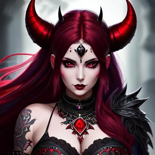 Prompt: full body portrait of a female drow mage with red horns and dark red hair and face tattoos and piercings, dark fantasy, hyper realistic, hdr, micro details, anime details, perfect compensition western background, perfect composition, hyperrealistic, super detailed, 8k, high quality, trending art, trending on artstation, sharp focus, studio photo, intricate details, highly detailed, creative