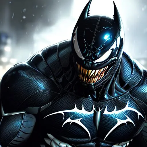 Prompt: create most beautiful photograph of most beautiful fictional, Venom in batman suit, extremely, detailed environment, detailed background, intricate, detailed skin, natural colors , professionally color graded, photorealism, 8k, moody lighting.