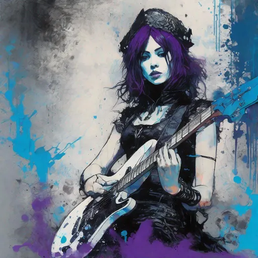 Prompt: Portrait of an gothic beautiful guitarist girl playing an electric guitar art by Jean giraud, Conrad Roset, john blanche, kent morkman, Chris Bachalo, Benedick Bana, William burroughs, calligraphy smoke inking, dripping black, purple and blue paint, Intricate portrait of ornate gothloli in ragged punk fashion, futuristic tattered rags, stylized fantasy art by wlop, artgerm, peter mohrbacher, bloodborne concept art, kentaro miura, kevin oneill, frazetta, trending on artstation, Masaaki asamoto beksinski frank miller lee bermejo Marc Simonetti egon schiele Joaquín Sorolla Simon Stalenhagmat brown  Matti Suuronen Jeffrey Larson druillet Tom Thomson Ross Tran James Turrell Van Gogh frazetta Rembrandt Louis Wain