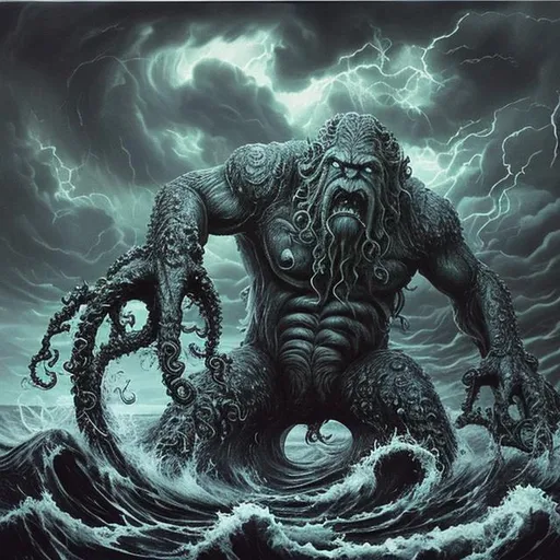 Prompt: Prompt 3:
/imagine prompt: A monstrous kraken emerges from the turbulent sea, its immense tentacles thrashing wildly in the storm. The creature's colossal size and muscular form exude a sense of power and danger. Lightning illuminates the dark sky, casting dramatic shadows on the swirling waves. The realistic painting depicts the scene with meticulous attention to detail, capturing the creature's menacing presence and the chaotic atmosphere of the storm. Oil on canvas, employing traditional painting techniques to create a lifelike representation. --ar 16:9 --v 5
