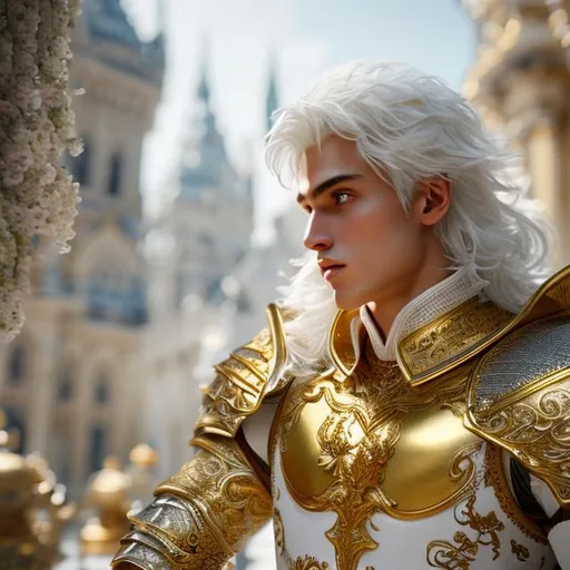 Prompt: beautiful photograph of most beautiful fictional, Knight, male, goodnes, angelic, White and golden, extremely, detailed environment, detailed blur background, intricate, detailed skin, natural colors , professionally color graded, photorealism, 8k, moody lighting.