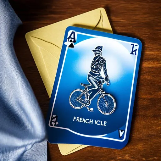 Prompt: a single French card is the circle ace which represents a bicycle and the bicycle is bigger than the card and the pattern hangs from the card, shiny chrome surface, dry ice steam rising around it, ultrarealistic, sunsine, 8K