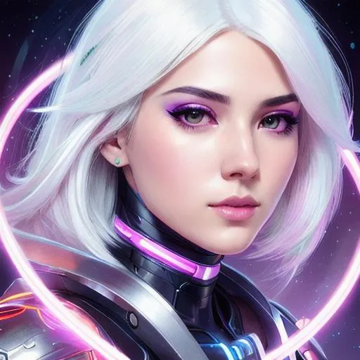 Prompt: High detailed portrait, digital art style, anime style, female 18 year, Nanomancer, soft jawline, futuristic world, neon scale, joytoy, long asymmetric white hair, cute face,  neon eye, art by Artgerm and Greg Rutkowski and Alphonse Mucha, award winning portrait and sharp focus, Photorealistic, sharp focus, highres, Hires correction, noir stylings, Mdjrny-v4 Style, strong, 4k, unreal engine, cleavage, sexy
highly detailed, beautiful lighting, light fog, 8k, trending on Artstation, professional, dramatic, illustration,  f/18,  4k, intricate, beautiful lighting, light fog, professional, dramatic, symmetrical