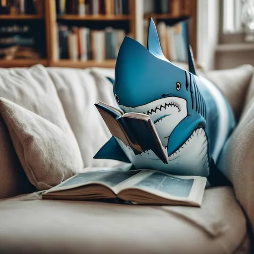 Prompt: Shark reading a book on the sofa