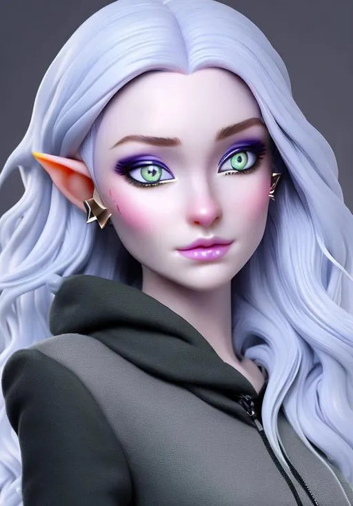 Prompt: change the color of her skin to silvery blue silver without changing the original, she is a female elf wizard with piercings, maker her photo realistic