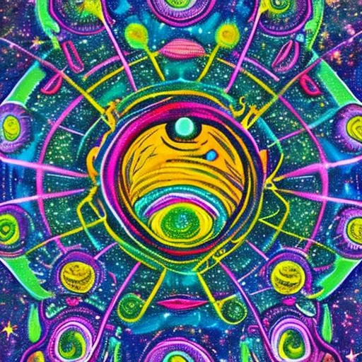 Prompt: psychedelic space alien art within acolorfull galaxy explosion
