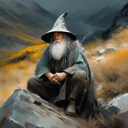 Prompt:  scene from Lord of the rings gandalf the grey sitting on a stone in backround the montains
masterpiece, textured Speedpaint with large rough brush strokes and paint splatter by Jeremy Mann, Carne Griffiths, Junji Ito, Robert Oxley, Ismail Inceoglu, masterpiece, trending on artstation, particles, oil on canvas, highly detailed fine art, ink painting, hyperrealism | Pixar gloss | polished, Anato Finnstark | Android Jones | Darek Zabrocki, Boris Vallejo, David Palumbo, Donato Giancola, Frank Frazetta, colorful, deep_color vibrant, John Stephens, Jordan Grimmer, John Howe, Julie Bell, Mark Brooks, Dan Mumford | comicbook art | perfect_concept art | 3D shading | bright_colored background radial gradient background | cinematic Reimagined by industrial light and magic fairy_home!, centered, acrylic painting, trending on pixiv fanbox, palette knife and brush strokes, style of makoto shinkai jamie wyeth james gilleard edward hopper greg rutkowski studio ghibli genshin impact, perfect composition, beautiful detailed intricate insanely detailed octane render trending on artstation, 8 k artistic photography, photorealistic concept art, soft natural volumetric cinematic perfect light, chiaroscuro, award - winning photograph, masterpiece, oil on canvas, raphael, caravaggio, greg rutkowski, beeple, beksinski, giger