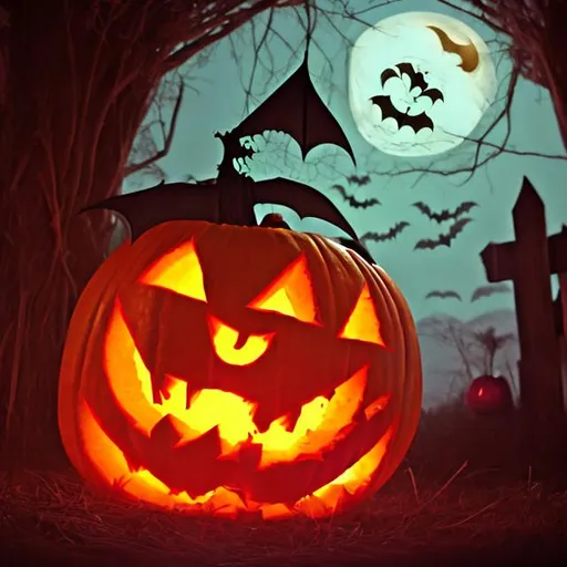 Prompt: Giant jack-o'-lantern, cute bat, Halloween night