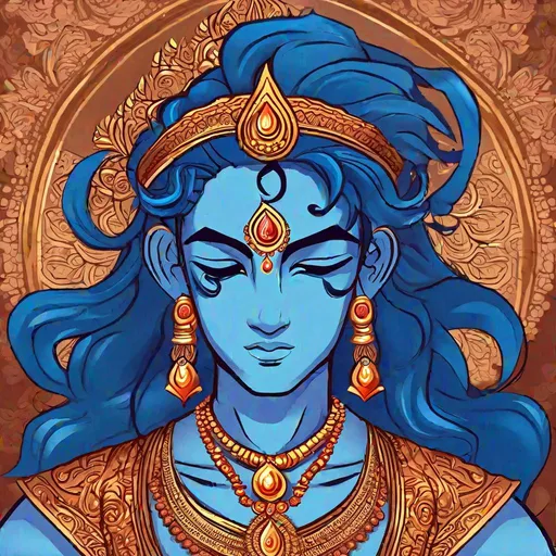 Prompt: A Majestic hindu boy god. He has a reddish skin tone and blue hairs. He has 4 harms. RPG art. Well Draw face, detailed. 2d. Dynamic pose. 