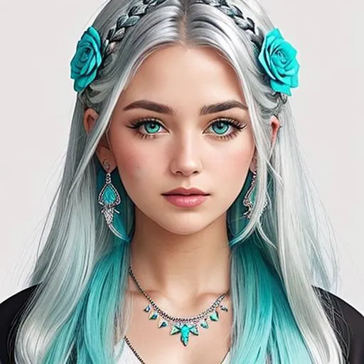Prompt: Woman with thick silver hair,  flowers in hair, turquoise jewelry, color scheme