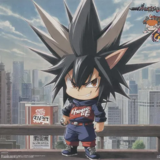 Prompt: cool, character mascot, boy, chibi,  spikey anime hair, hedgehog, poster, advertisement, scan lines, retro, tokyo, 90s symmetrical face, urban city in background, smirking smile,