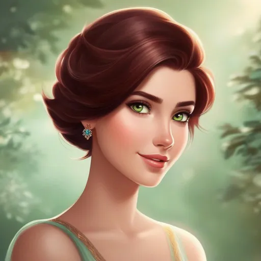 Prompt: elsa's fire-weilding cousin with a redish color scheme with short bobbed dark brown hair and brownish greenish eyes