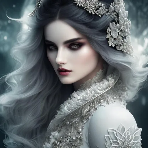 Prompt: Beautiful woman, body made of bones, literally white skin, two tone hair, black and white hair, black and white clothes black makeup, illuminated by the moonlight, silver hair ornaments ; by anna dittmann, floradriel, high resolution,  digital painting, extreme detail, 120k,  ultra hd, hyper detailed, white, wlop, digital painting; crystal body