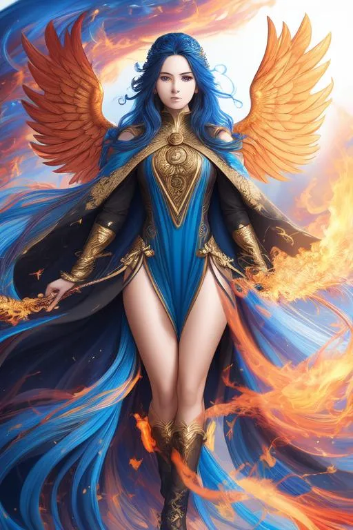 Prompt: 8k,high detail,highly detailed face and eyes, girl, phoenix wings, blue flaming long hair burning with fire, elegant black and gold tunic, symmetrically colored hair, phoenix, cloak, blue phoenix fire, blue fire, her hair is Freeform fire which flows and swirls about her, detailed outdoor background, slender body, XXXXXX hairband, ((full body)) {{good looking}} {{cute}} {{good body}} {{tight}}, 