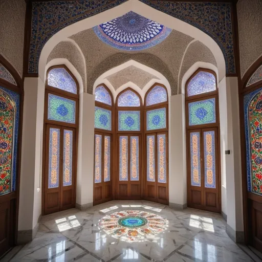 Prompt: If White House has been designed with Persian traditional architecture, with orosi windows( windows with colorful glass) and place in chahar baghe, irani