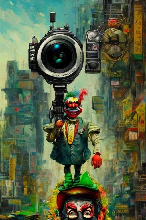 Prompt: Ugly smiling clown holding big photographic camera.  Standing on the street. Peple walking. Scarry. hyper detailed, trending on artstation, beautiful, radiant, ralph steadman, oil on canvas, beksinski, yellow and green