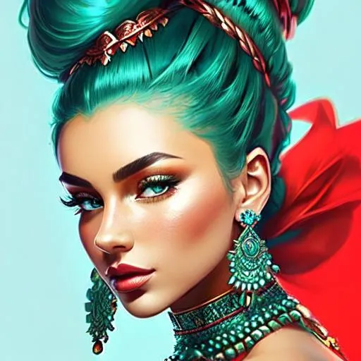 Prompt: An extremely gorgeous woman,  with top knots full of cyan jewels, in color scheme of green and red