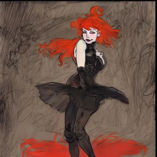 Prompt: jane avril dancing, red hair, goth dress, cyberpunk, in the style of toulouse lautrec