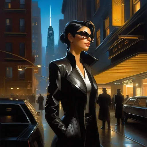 Prompt: Deus Ex, female protagonist, New York, cartoony, cold night atmosphere, extremely detailed painting by Greg Rutkowski and by Henry Justice Ford and by Steve Henderson