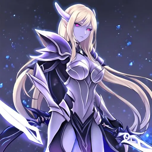Prompt: blond hair glowing eyes female void elf death knight two handed sword in ground 