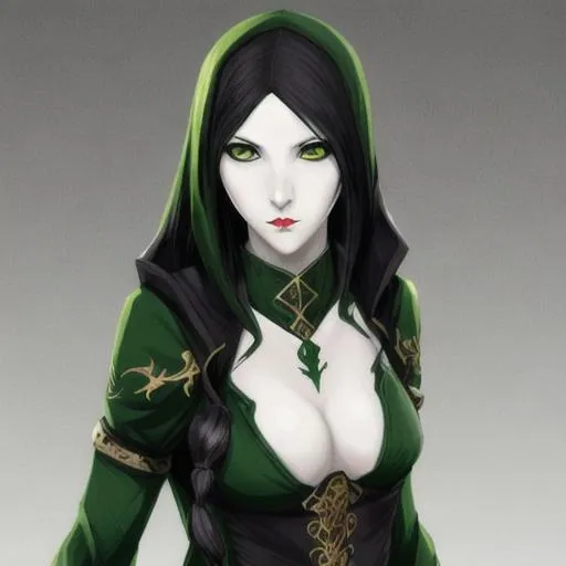 Prompt: female dhampir cleric with pale skin, green eyes black hair