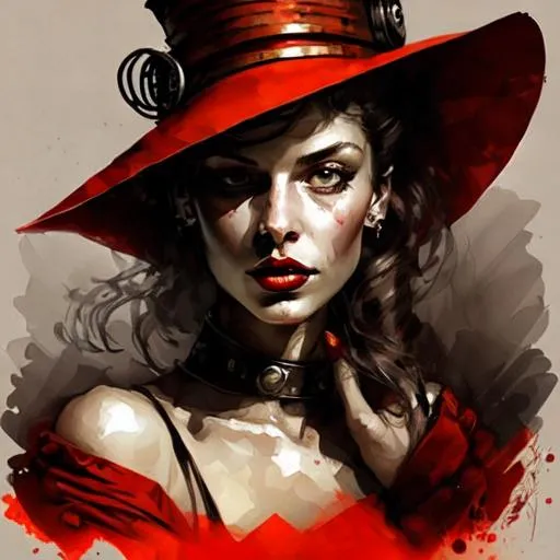 Prompt: black Steampunk woman, pretty face, red lips, tall hat, closeup