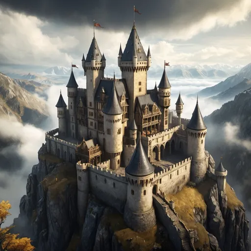 Prompt: Warhammer fantasy RPG style top view of a castle in the mountains surrounded by clouds, sunny day, medieval architecture, weathered stone walls, intricate gothic details, high resolution, detailed, dark fantasy, atmospheric lighting, foggy ambiance, gothic, medieval, detailed stonework, bustling, mysterious, light yellow tones, sun shining, top view