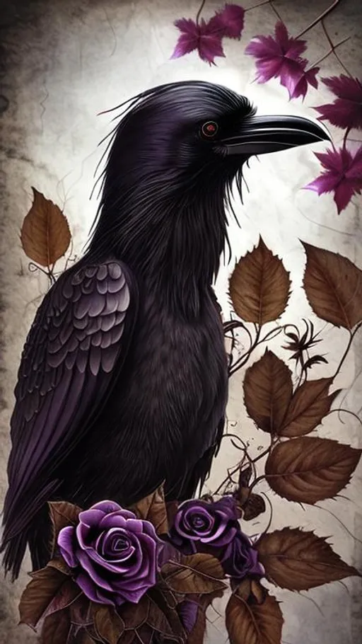 Prompt: "Black raven holding a dark purple rose, brown leaves, vines, white background, surreal, detailed, christian schloe"