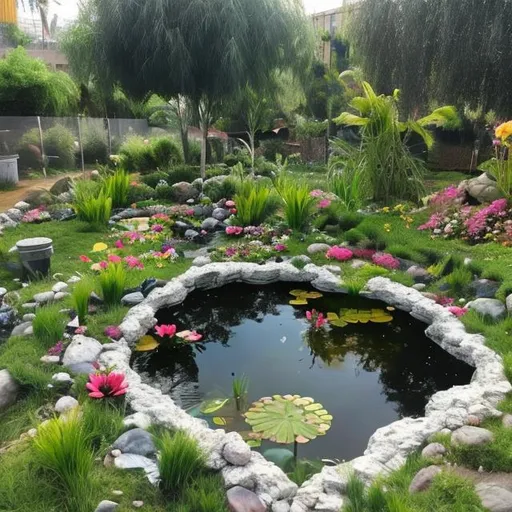 Prompt: realistic pond with flowers around it with stones bordering the pond