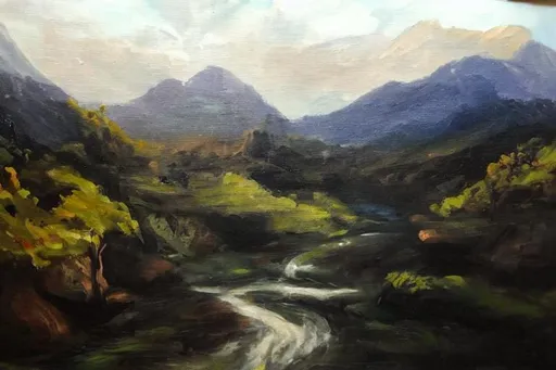 Prompt: Oil on canvas painting, valley landscape with a river running through