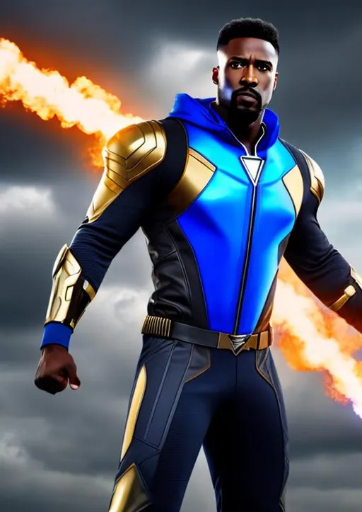 Prompt: High-resolution hyperrealistic photo of avenger {{falcon} sam wilson} merged with [power-man] {luke cage}, blue-grey and gold flight suit, uhd, hdr, 64k