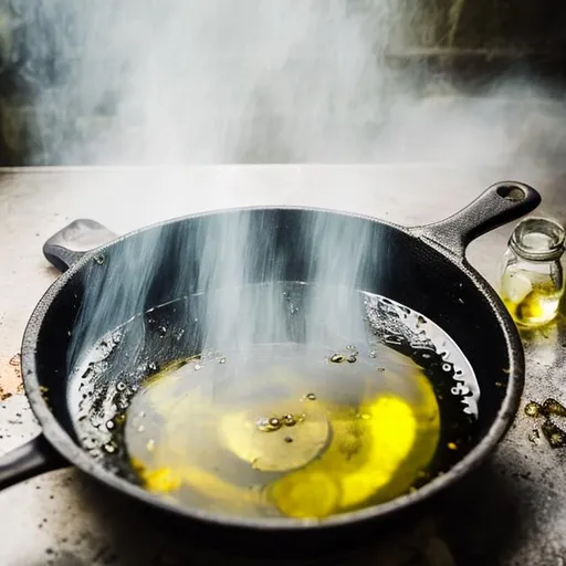 Prompt: water dripping into a pan with hot olive oil. lots of steam