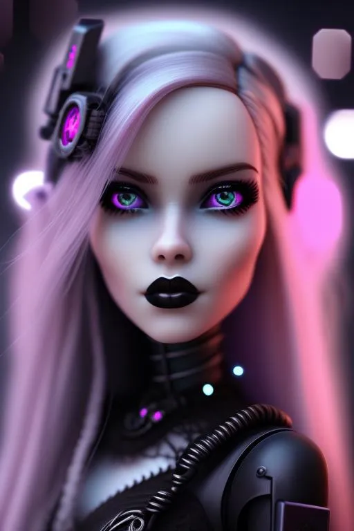 Prompt: beautifull woman,close up face,long hair,dark,goth,close up portrait,dreamy eyes,rasta blond hair,elegant,cyber punk,barbie,dream,romance,gothic