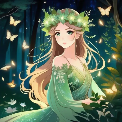 Prompt: Illustrate an anime girl embodying the spirit of a mystical forest guardian. She wears an elegant gown woven from leaves and vines, with flowers blooming in her hair. Her eyes have an otherworldly glow, reflecting her connection to nature. The scene takes place in a moonlit forest clearing, with fireflies illuminating the air around her. The goal is to capture a serene and enchanting atmosphere.