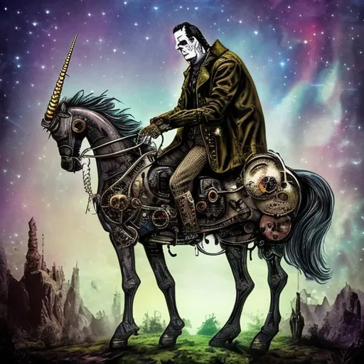 Prompt: Frankenstein on unicorn majestic steampunk 