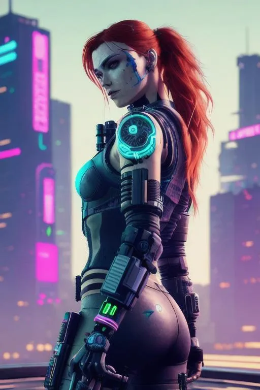 Prompt: Photo of a female cyberpunk with green eyes, with auburn hair, Neon Blue Light, In a City Background with a dark color scheme, 3/4 View, Cyberpunk 2077 style