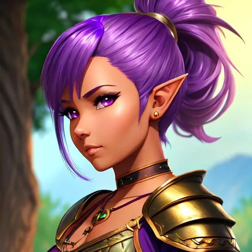 Prompt: oil painting, D&D fantasy, tanned-skinned-gnome girl, tanned-skinned-female, short, beautiful, short bright purple hair, bangs and ponytail hair, ready for battle, pointed ears, looking at the viewer, Warrior wearing intricate armor outfit, #3238, UHD, hd , 8k eyes, detailed face, big anime dreamy eyes, 8k eyes, intricate details, insanely detailed, masterpiece, cinematic lighting, 8k, complementary colors, golden ratio, octane render, volumetric lighting, unreal 5, artwork, concept art, cover, top model, light on hair colorful glamourous hyperdetailed medieval city background, intricate hyperdetailed breathtaking colorful glamorous scenic view landscape, ultra-fine details, hyper-focused, deep colors, dramatic lighting, ambient lighting god rays, flowers, garden | by sakimi chan, artgerm, wlop, pixiv, tumblr, instagram, deviantart