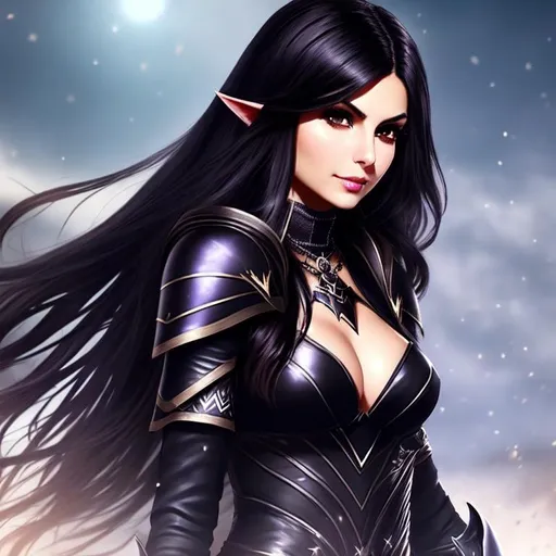 Prompt: {Mix of victoria justice and Morena Baccarin}, dressed as a dark knight black desert online, elf ears, {green eyes}, black long hair, dark skin, black desert online clothing, eyes green, hair black, jewelry, medieval castle, best quality, purple and black particle effects