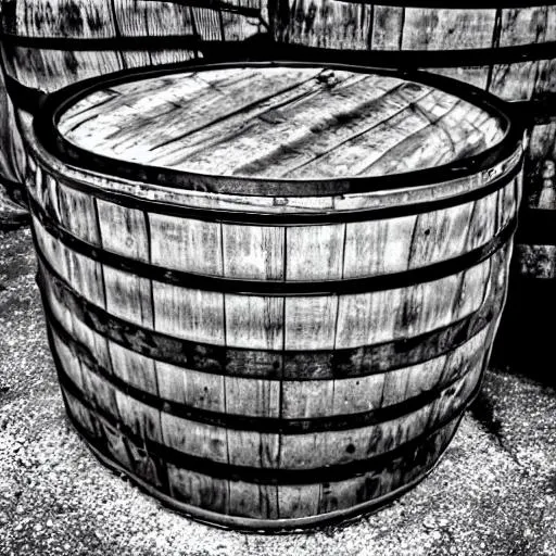 Prompt: Black and white vintage whiskey barrel