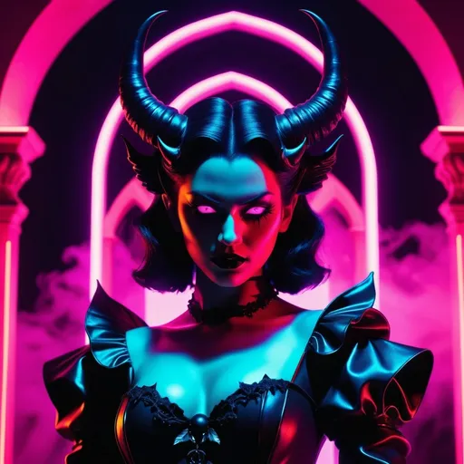 Prompt: demon, hell, demonic, gothic, vaporwave, retro, neon, aesthetic, liminal, high quality, high definition, beautiful, dramatic lighting