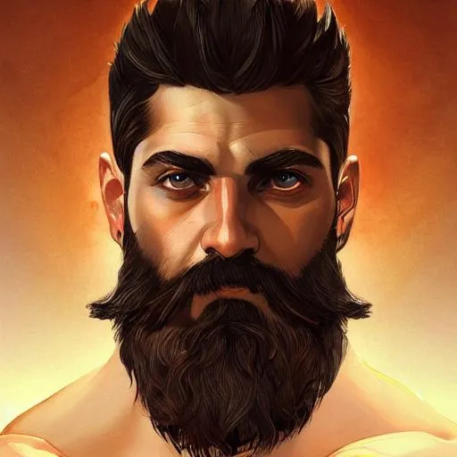 Prompt: Portrait of male KING LEONIDAS SPARTAN, amber eyes, face, muscular, fantasy, intricate, elegant, thick beard highly detailed, digital painting, artstation, concept art, smooth, sharp focus, illustration, art by artgerm and greg rutkowski and alphonse mucha, learn to late in life facial expression